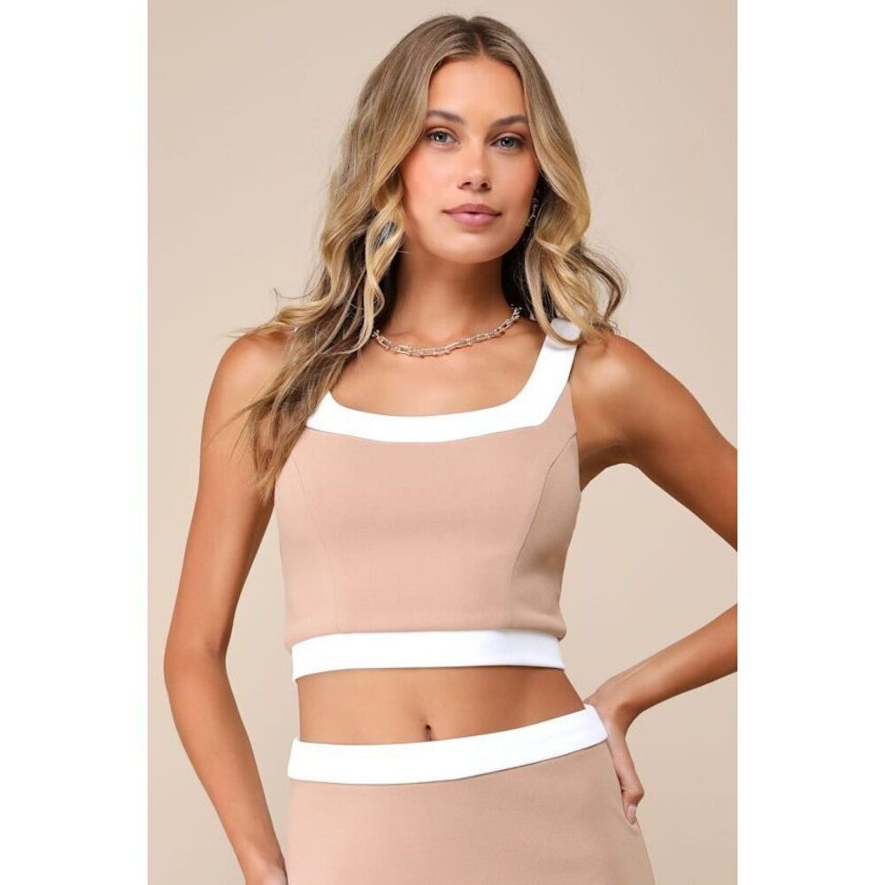 Lulus Totally Sensational Tan Color Block Sleeveless Crop Top Beige - Size S